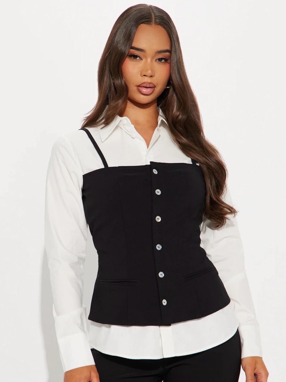 Fashion Nova Black Bustier Top Over White Button-Down - Picture 1 of 2